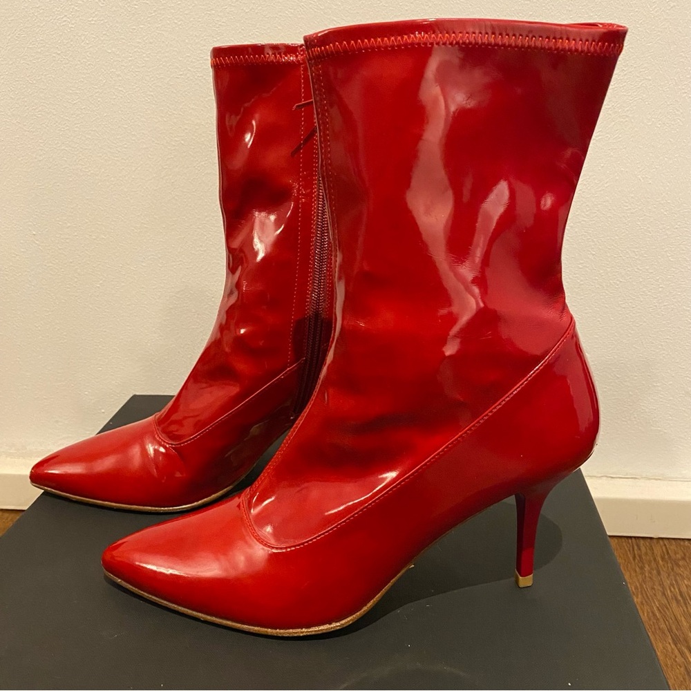 Stuart Weitzman Patent Leather Red Sock Women’s Boots - Picture 2 of 10
